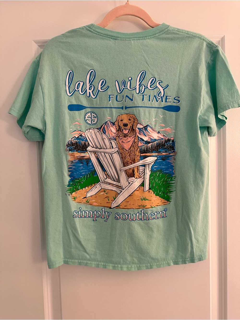 Simply Southern Light Mint 'Lake Vibes' Kids Swim Tee with Dog Graphic